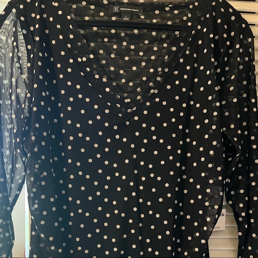 Beautiful V-neck black with white polkadots sheer top by INC